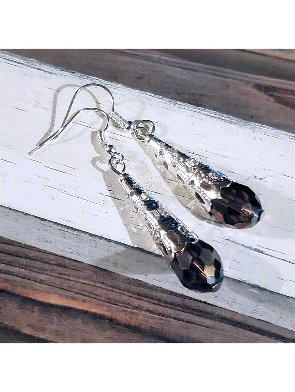 Caged Filigree Faceted Purple Crystal Silver Teardrop Earrings Handcrafted